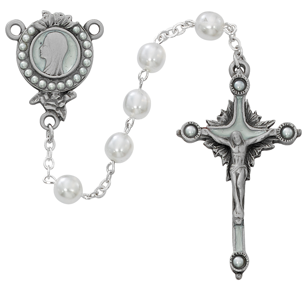 Picture of McVan R705DF 6 mm Glass Pearl Like Cross Rosary Set - White