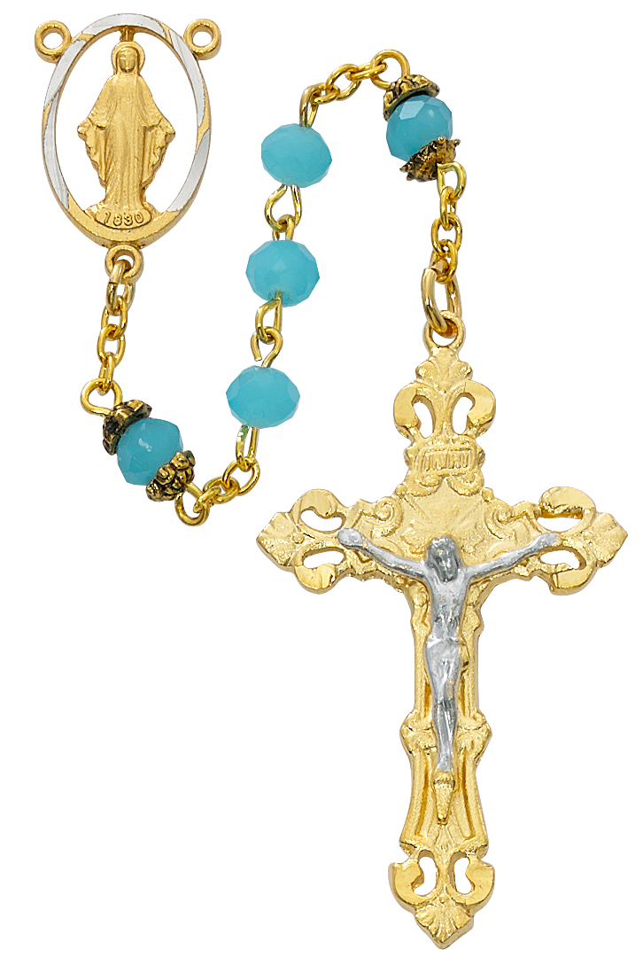 Picture of McVan R710HF 6 mm Gold Glass Cross Rosary Set - Aqua