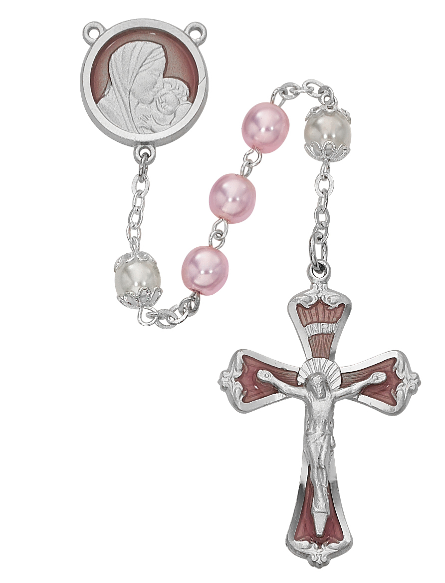 Picture of McVan 772RF 7 mm Mother & Child Pearl Like Glass Cross Rosary Set - Pink & White
