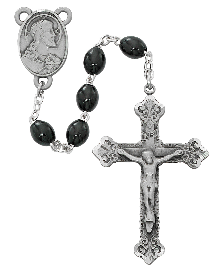 Picture of McVan R713DF 8 x 6 mm Wood Scared Heart Cross Rosary Set - Black