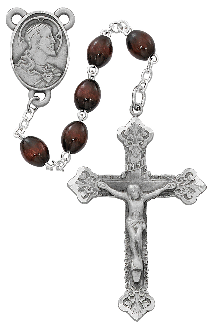 Picture of McVan R714DF 8 x 6 mm Wood Scared Heart Cross Rosary Set - Brown