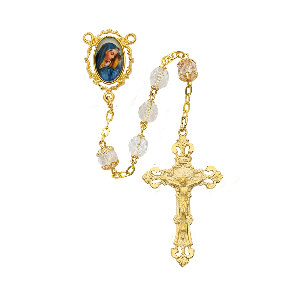Picture of McVan R747F 7 mm Gold Plated Lady of Sorrows Decal Cross Rosary Set - Clear