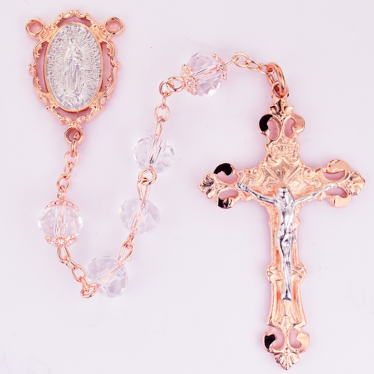 Picture of McVan R748F 8 mm Crystal Rose Gold Guadalupe Cross Rosary Set - Clear