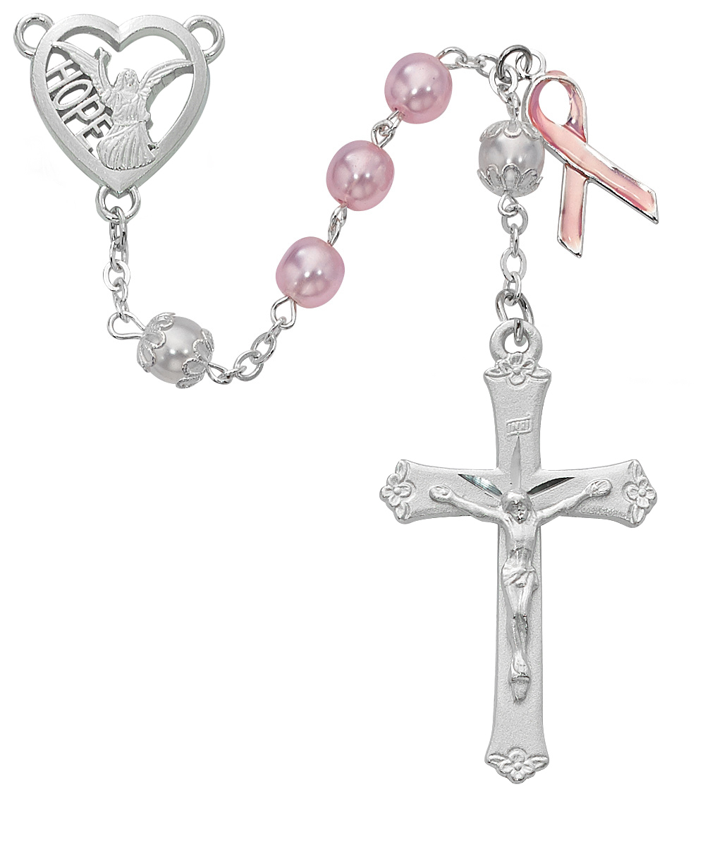 Picture of McVan R758F 7 mm Angel of Hope Breast Cancer Cross Rosary Set - Pink
