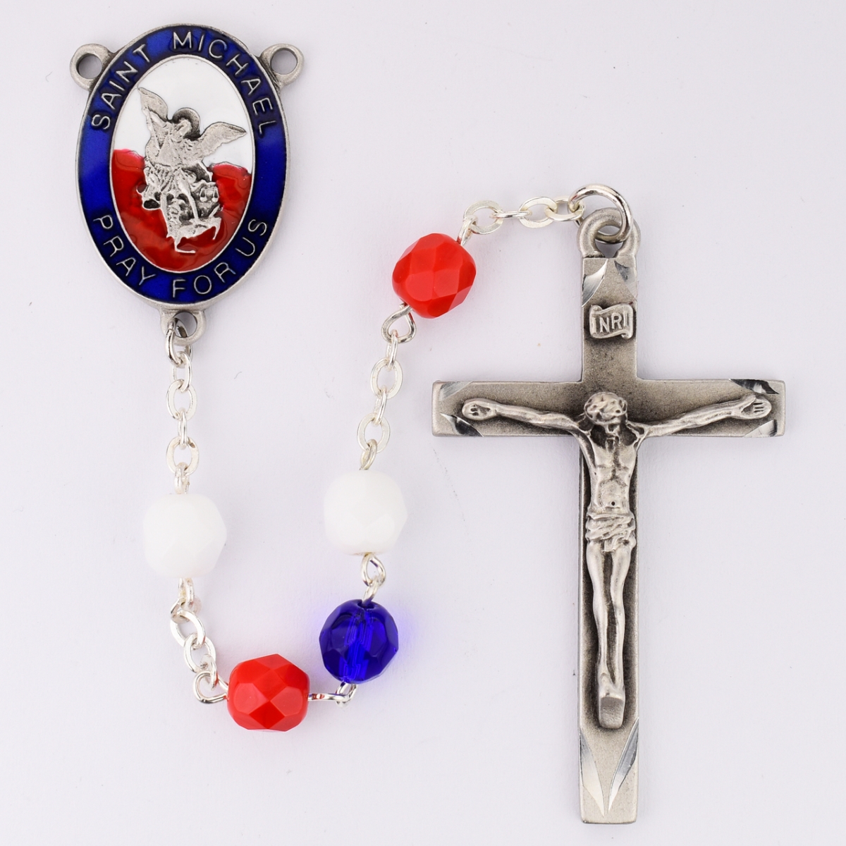 Picture of McVan R757F 7 mm St.Michael Cross Rosary Set - Red&#44; White & Blue