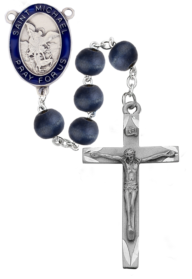 Picture of McVan R775F 8 mm Wood Epoxy St Michael Cross Rosary Set - Blue