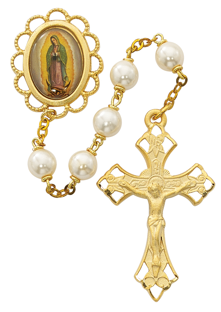 Picture of McVan 854HF 7 mm Pearl Like Guadalupe Cross Rosary Set - White