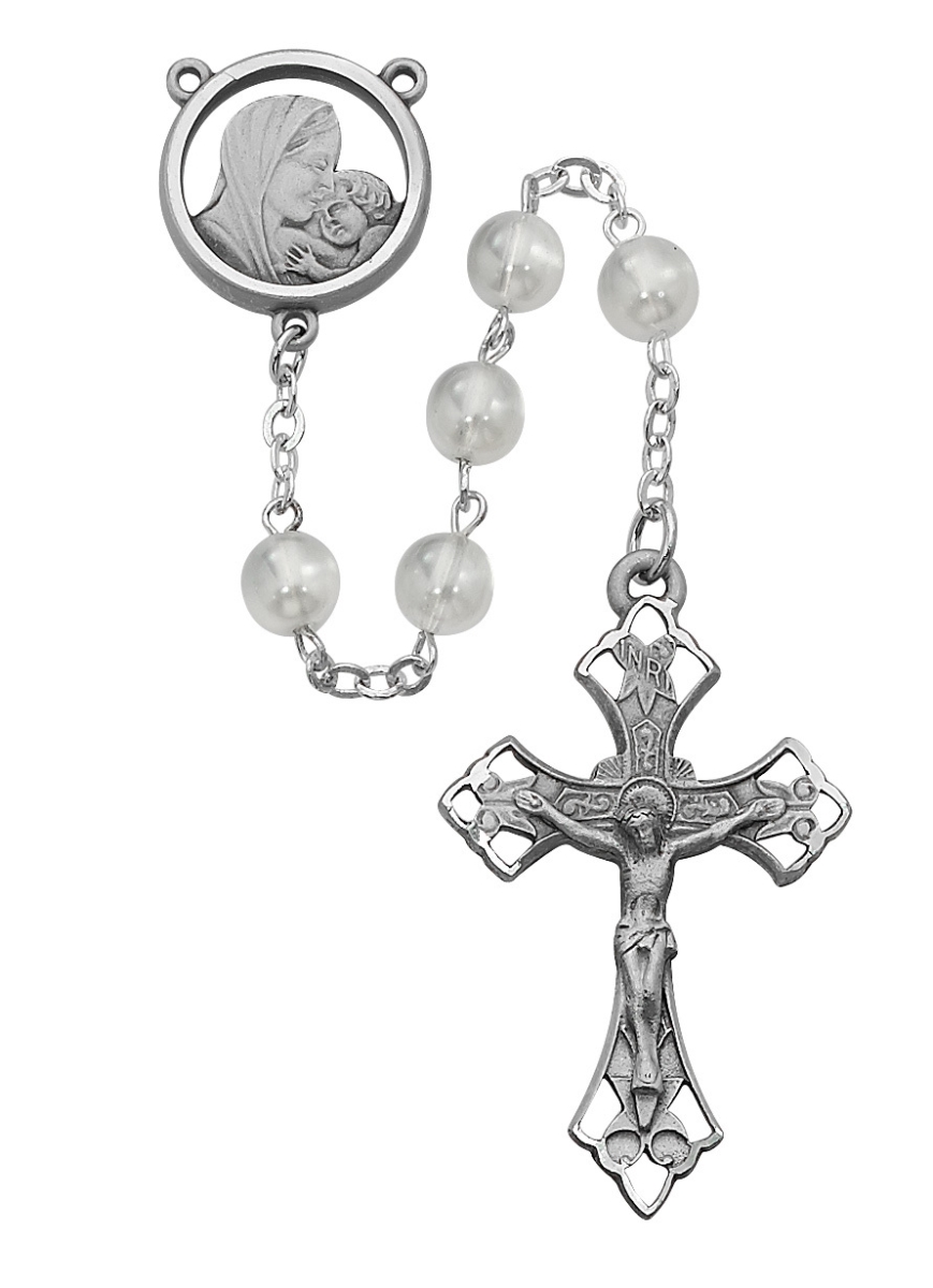 Picture of McVan R143ASF 7 mm Mother & Child Glass Cross Rosary Set - White