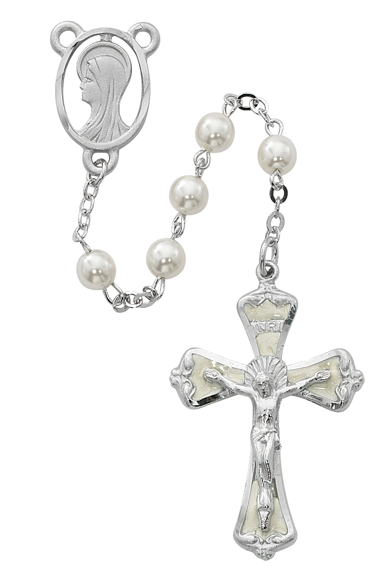 Picture of McVan R157RF 6 mm Pearl Madonna Cross Rosary Set - White