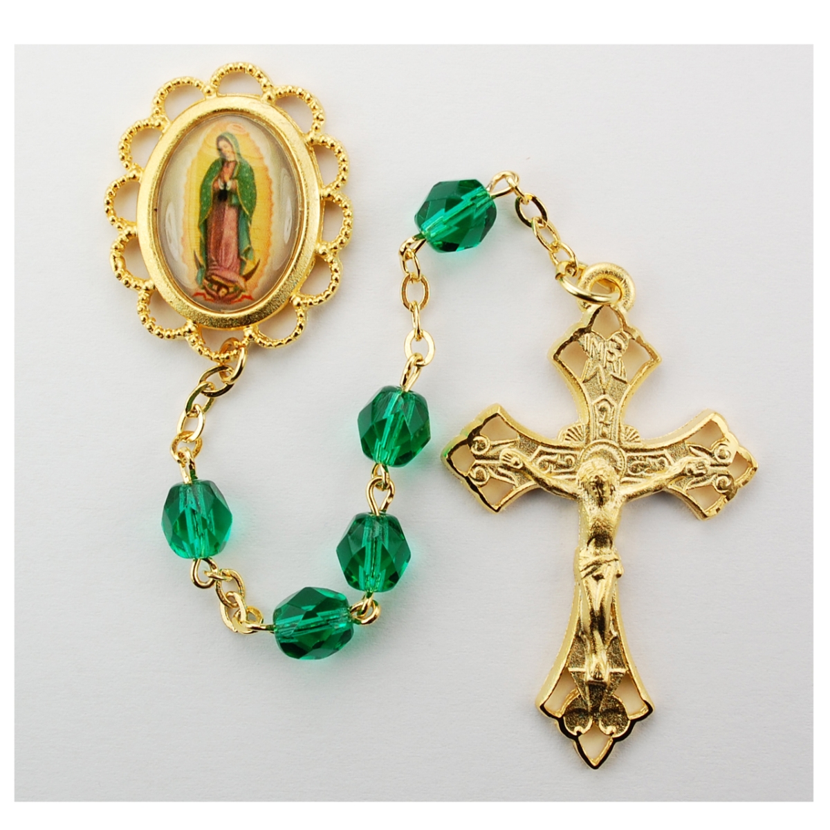 7 mm Lady of Guadalupe Cross Rosary Set - Green
