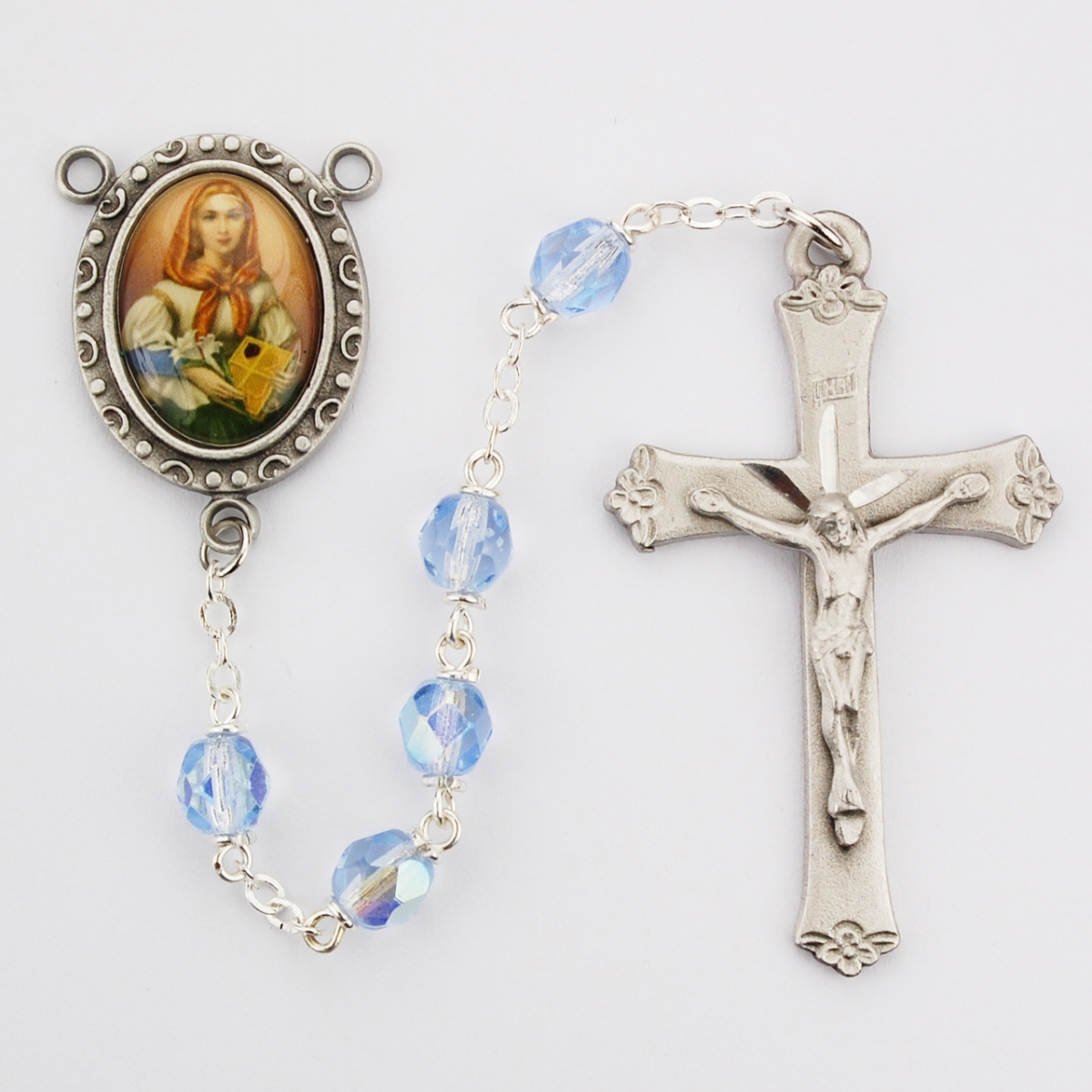 Picture of McVan R190DF 6 mm Glass St.Dymphna Cross Rosary Set - Blue