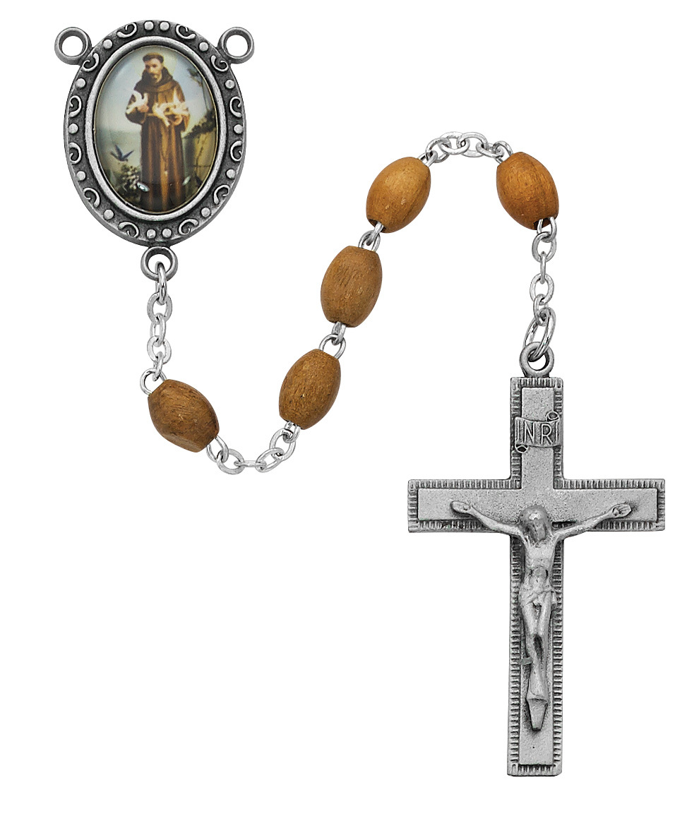 4 x 6 mm Olive Wood St Francis Cross Rosary Set - Clear