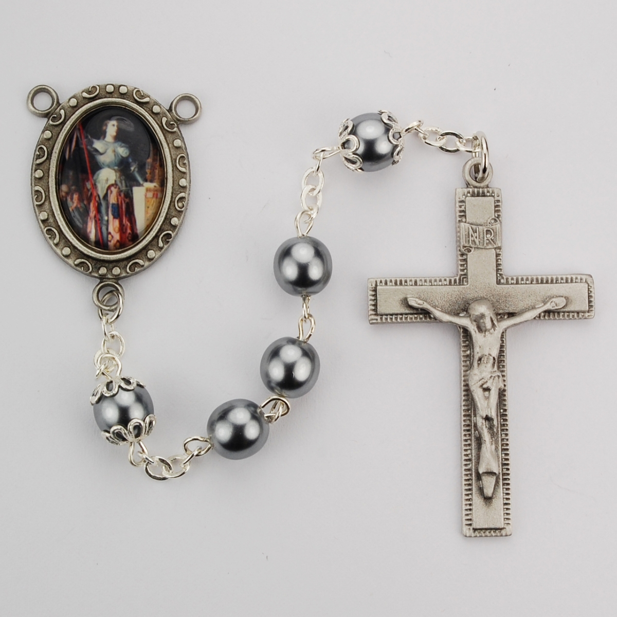 Picture of McVan R197DF 7 mm Glass St Joan of Arc Cross Rosary Set - Gray