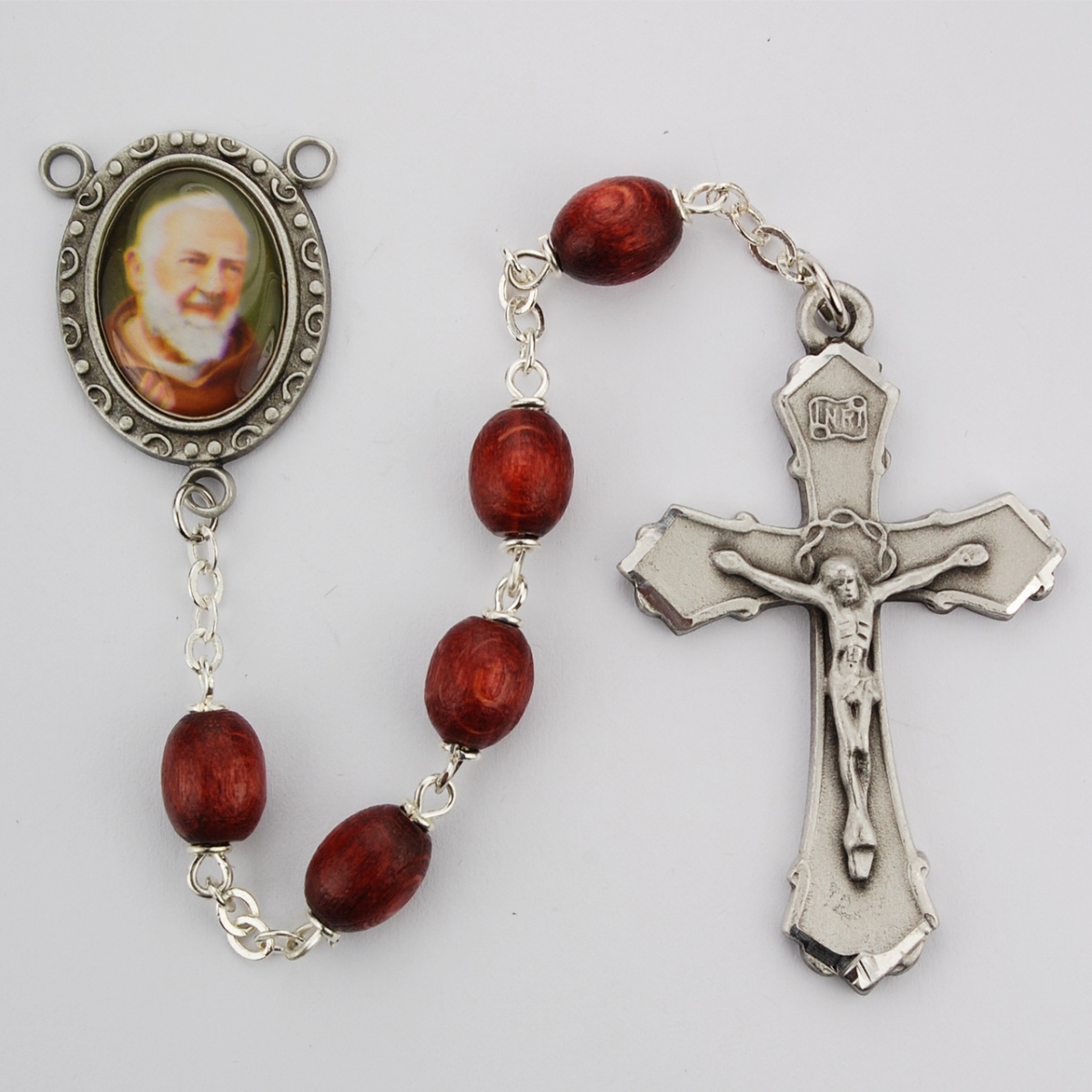 Picture of McVan R205DF 6 x 8 mm Wood Padre Pio Cross Rosary Set - Brown