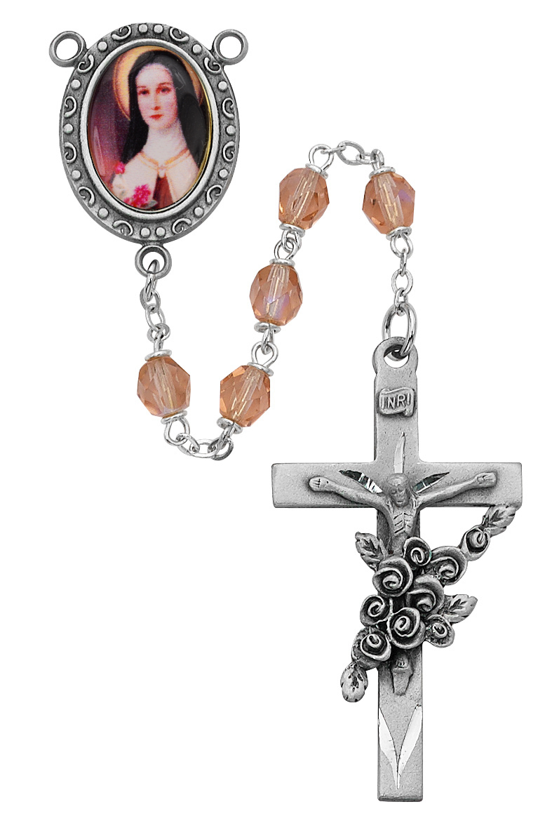 R210DF 6 mm Glass St.Therese Cross Rosary Set - Pink