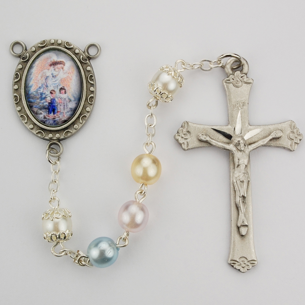 Picture of McVan R213DF 7 mm Pearl Like Guardian Angel Cross Rosary Set - Multi Color