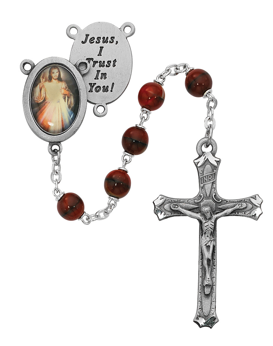 Picture of McVan R218DF 7 mm Divine Mercy Cross Rosary Set - Red & Black