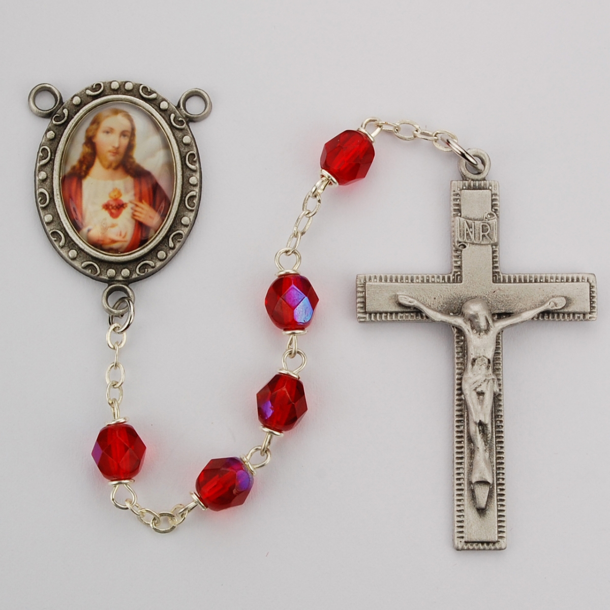 Picture of McVan R220DF 6 mm Aurora Sacred Heart Cross Rosary Set - Red