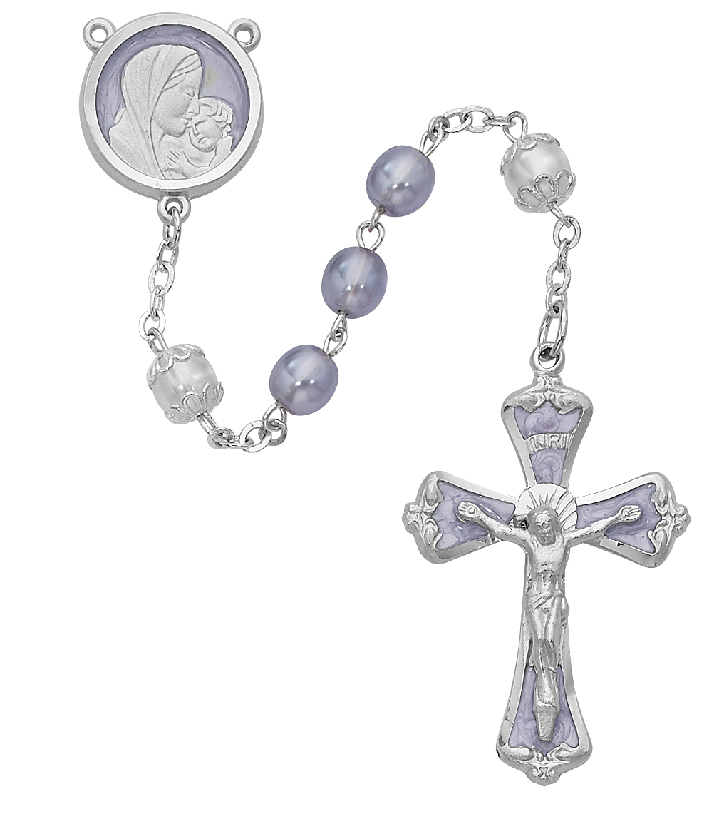 Picture of McVan R229RF 7 mm Mother & Child Purple Pearl Like Cross Rosary Set - Lavender