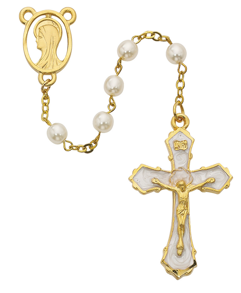 Picture of McVan R278HF 6 mm Pearl Like Gold Plated Cross Rosary Set - Cream