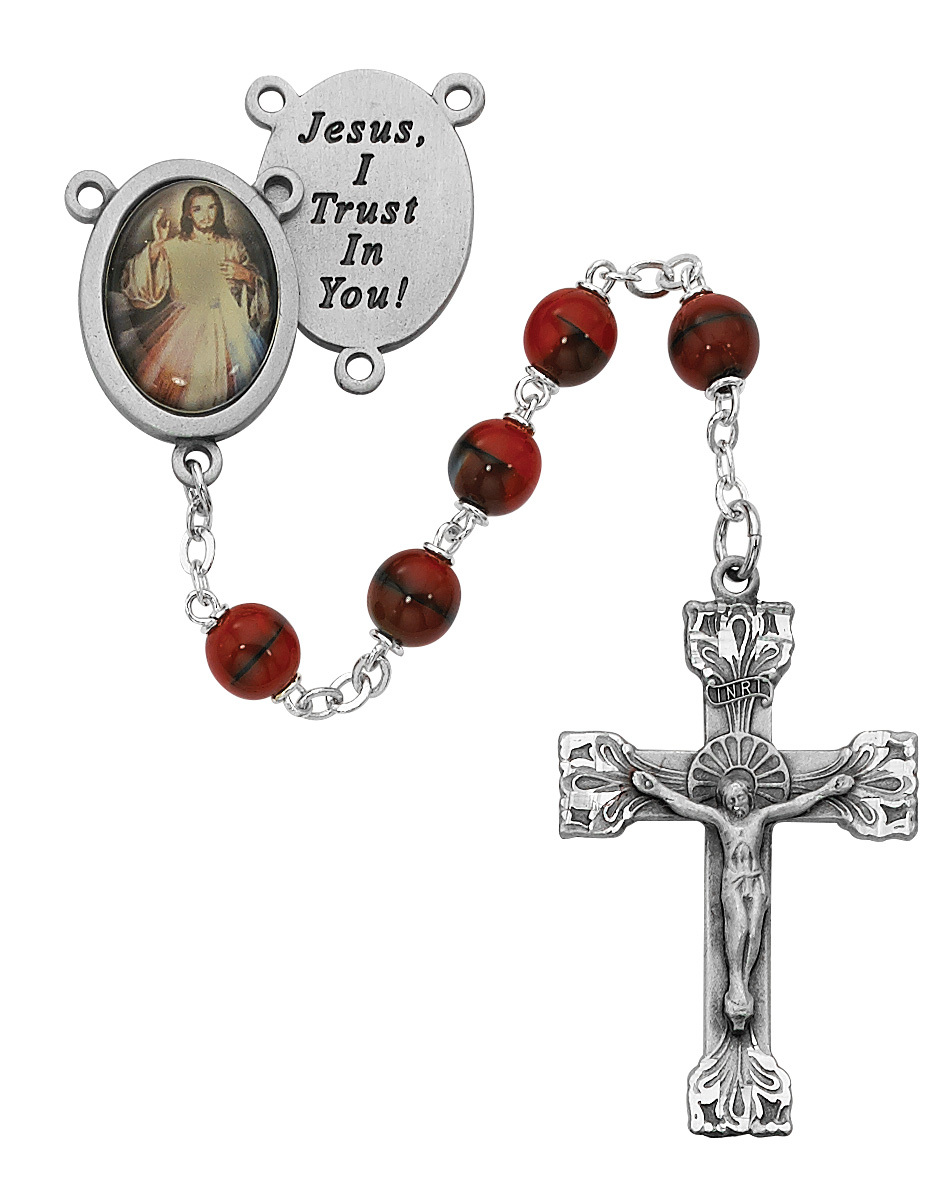 Picture of McVan R254DF 7 mm Divine Mercy Cross Rosary Set- Red & Black
