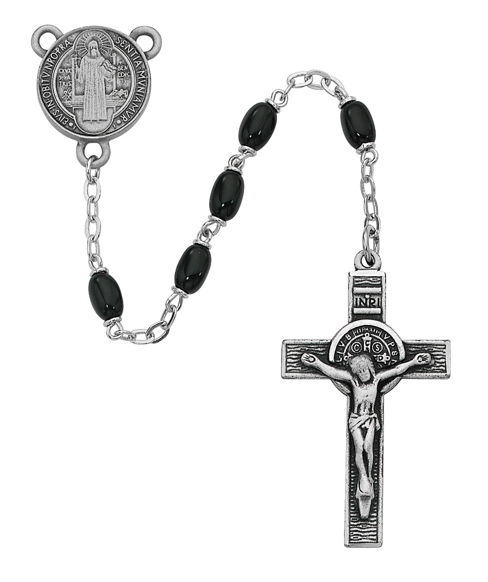 Picture of McVan R365DF 4 x 6 mm Glass St Benedict Cross Rosary Set - Black