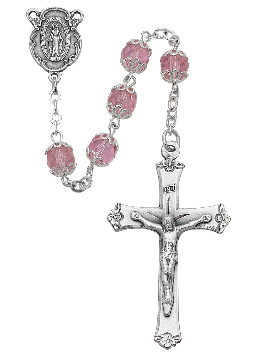 Picture of McVan 701S-RSF 7 mm Glass Capped Cross Rosary Set - Pink