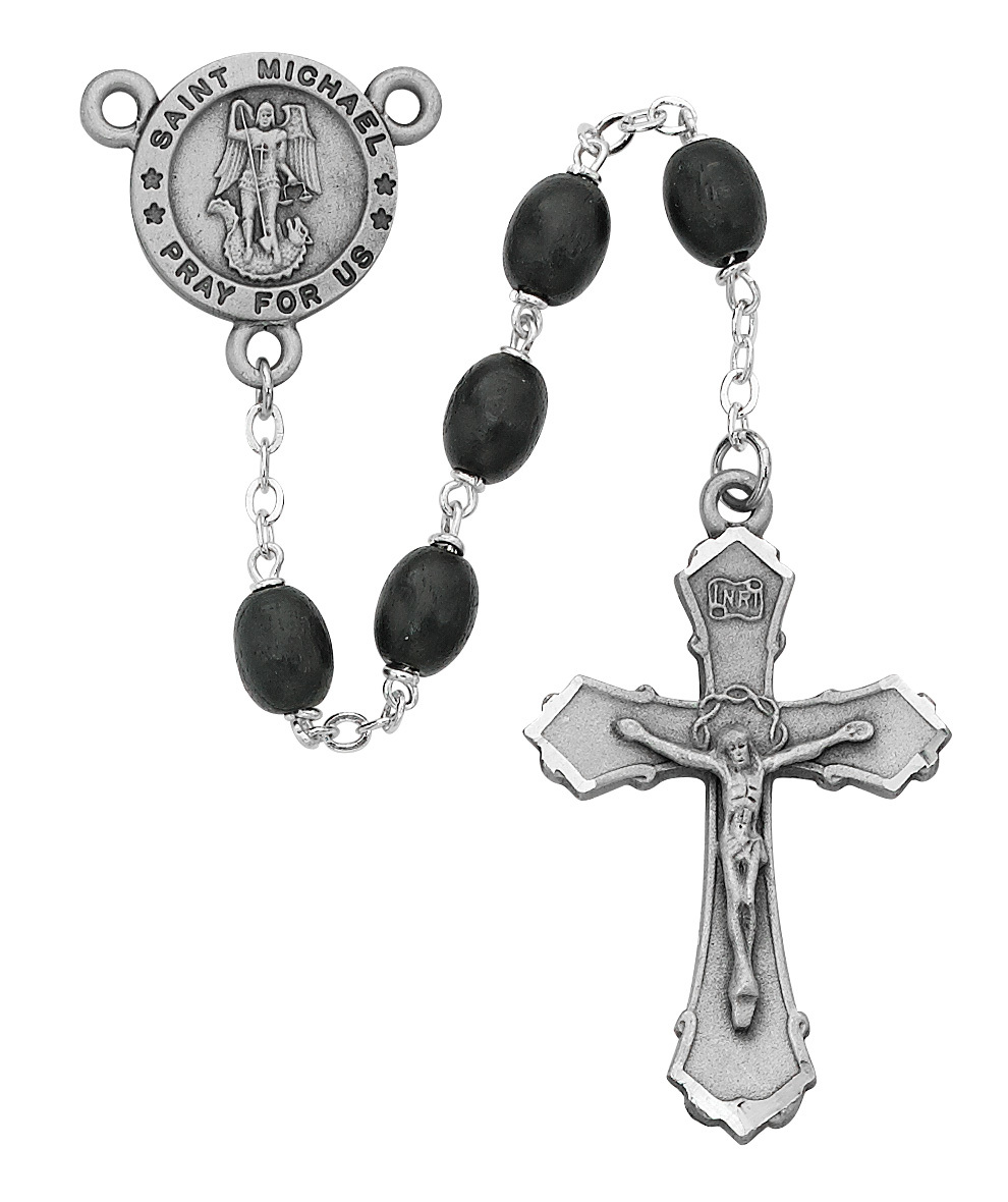 Picture of McVan R377DF 6 x 8 mm Wood St Michael Cross Rosary Set - Black