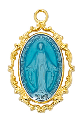 0.75 x 0.63 x 0.6 in. Gold on Sterling Silver Miraculous Medal with Chain - Blue