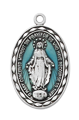 L783 0.91 x 0.6 x 0.12 in. Sterling Silver Miraculous Medal - Blue Epoxy