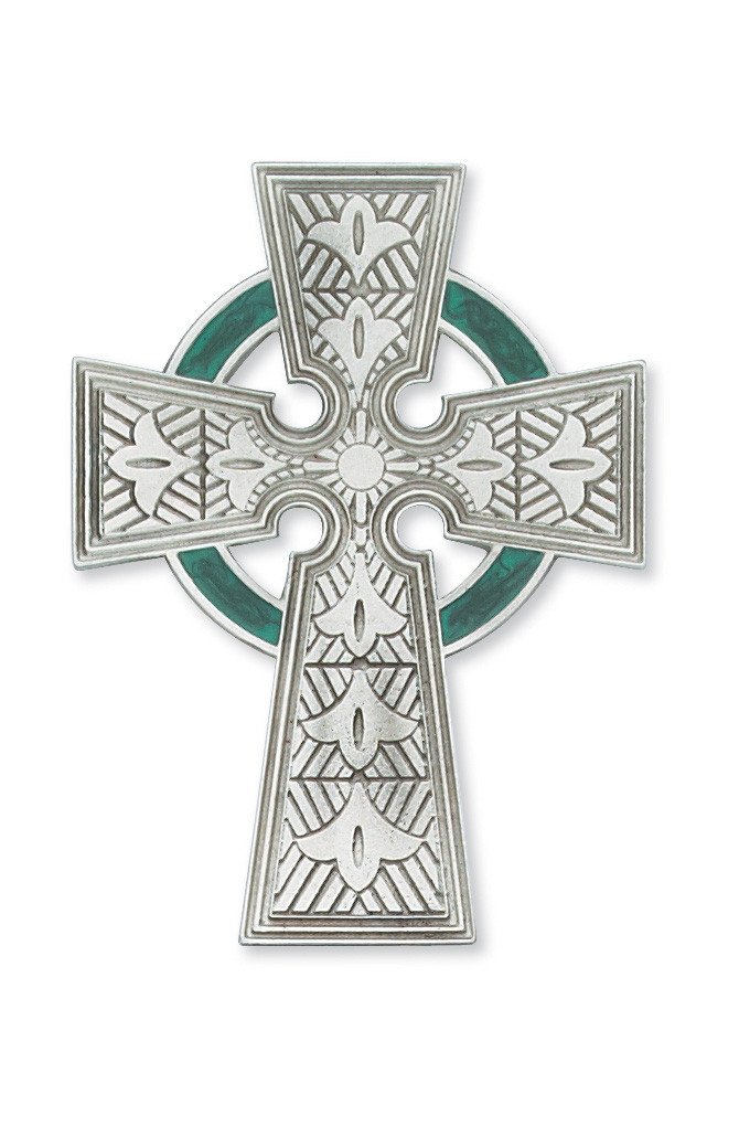 4.75 in. Silver Celtic Cross with Green Epoxy