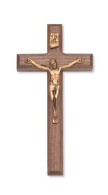 8 in. Beveled Walnut Stain Crucifix Boxed, Gold
