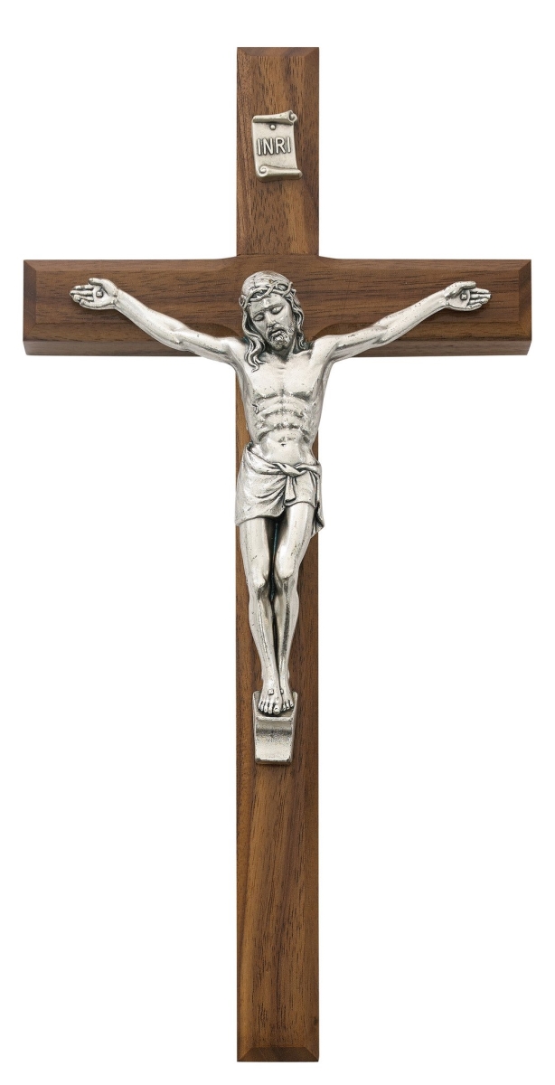 80-04 10 in. Beveled Walnut Stain & Silver Inlay Crucifix