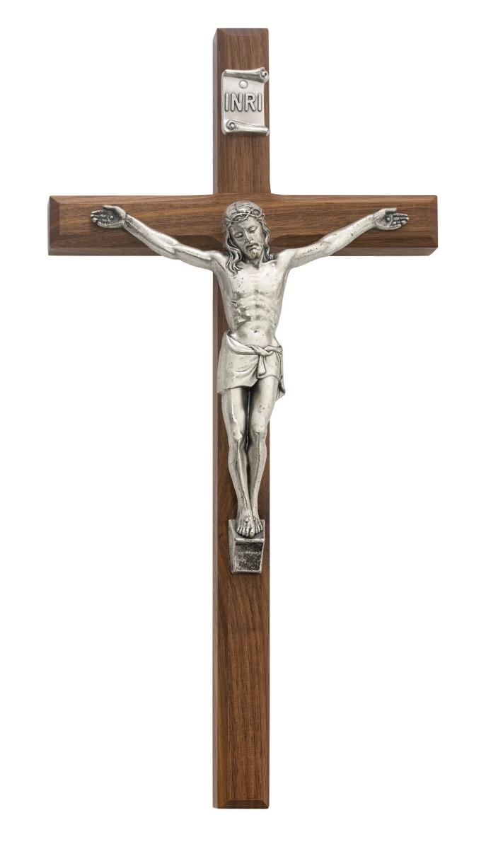 12 in. Beveled Walnut Stain & Silver Crucifix