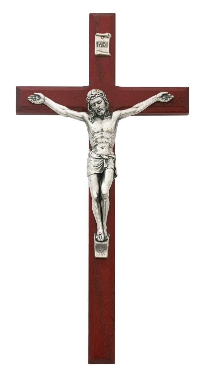 10 in. Cherry Stained & Silver Beveled Crucifix