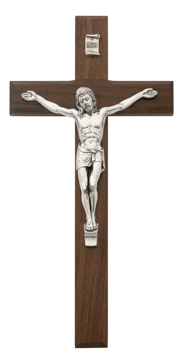 10 in. Beveled Walnut Stain & Silver Crucifix