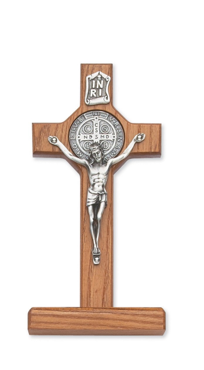 6 in. Walnut & Silver Stained Standing St. Benedict Crucifix