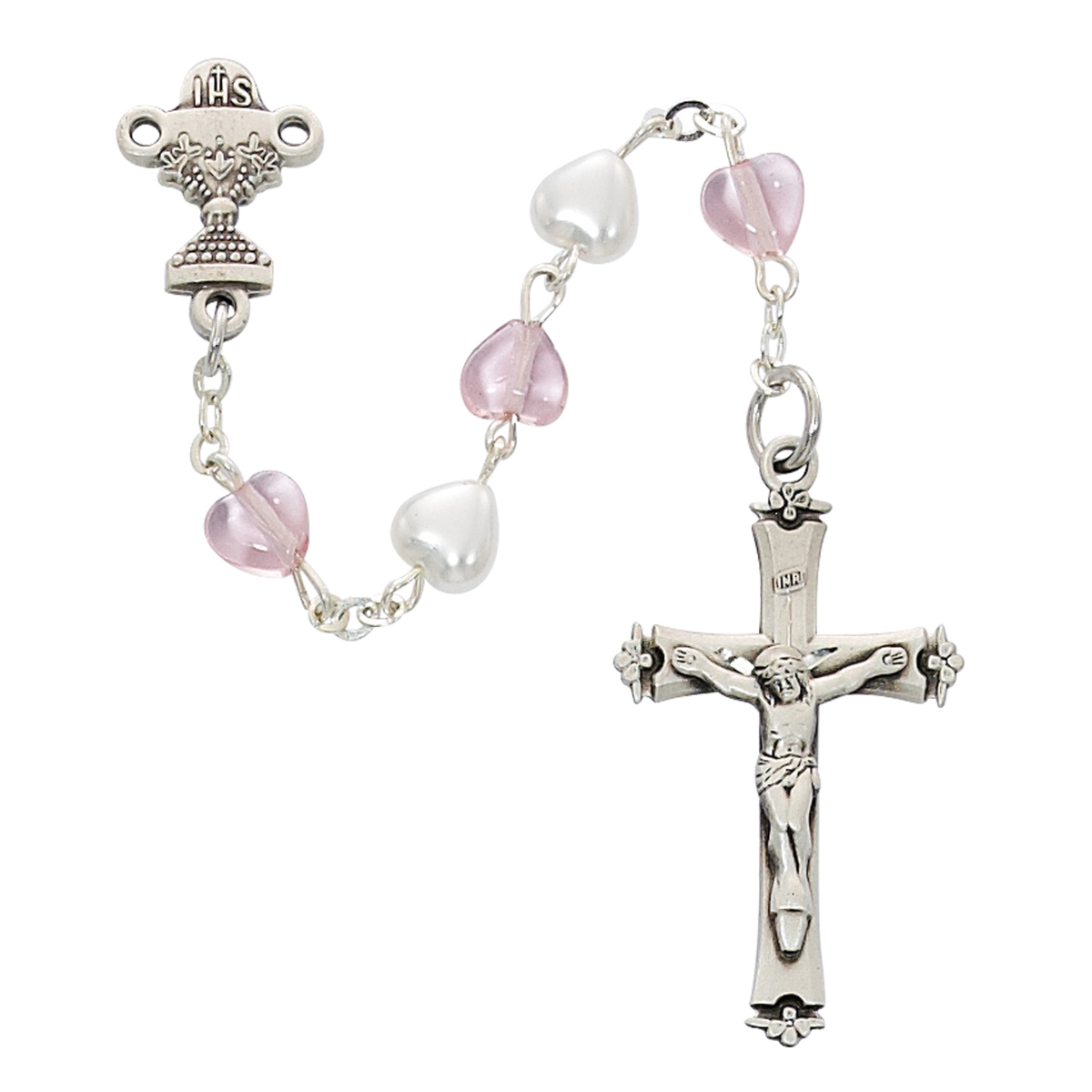 Rhodium White & Pink Heart Communion Rosary Boxed