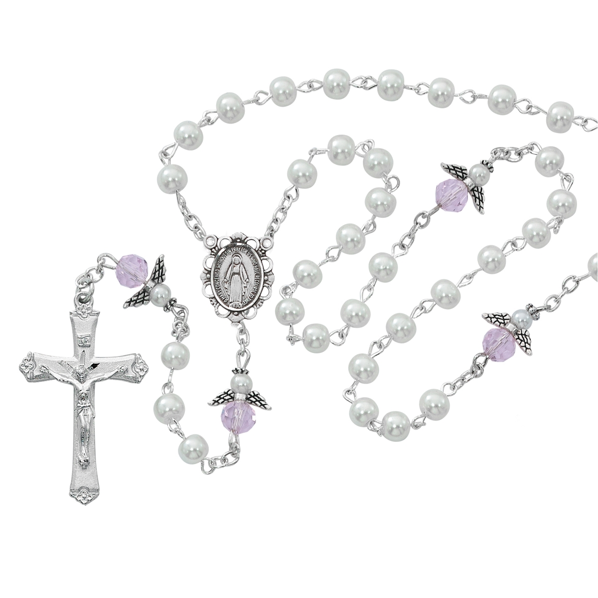 5 mm White Pearl & Pink Angel Communion Rosary Boxed