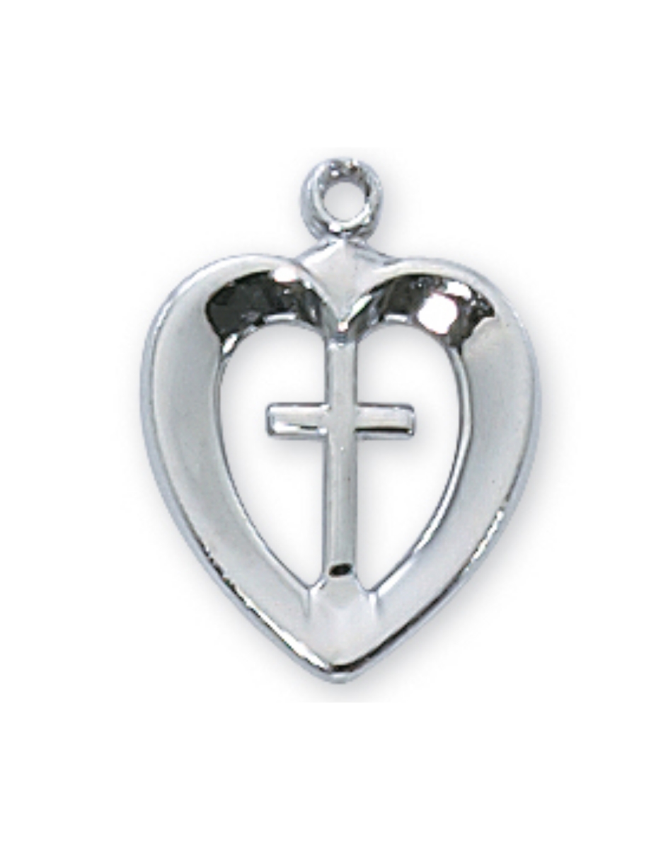 16 in. Chain Rhodium Plated Heart & Cross Pendant Boxed