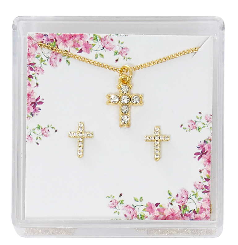 Picture of McVan PES19 Gold Plate Crystal Cross Earring & Pendant Boxed