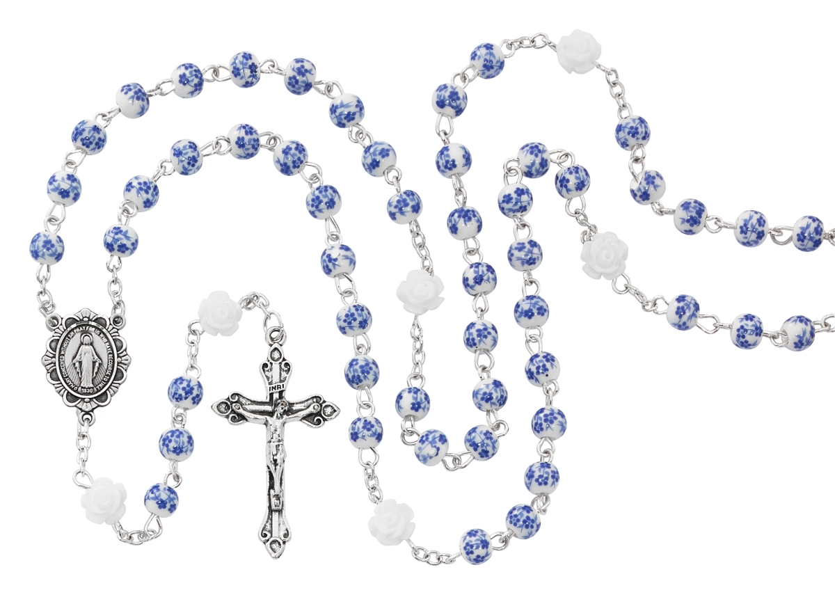 Blue Ceramic Miraculous Rosary with Flowers Boxed