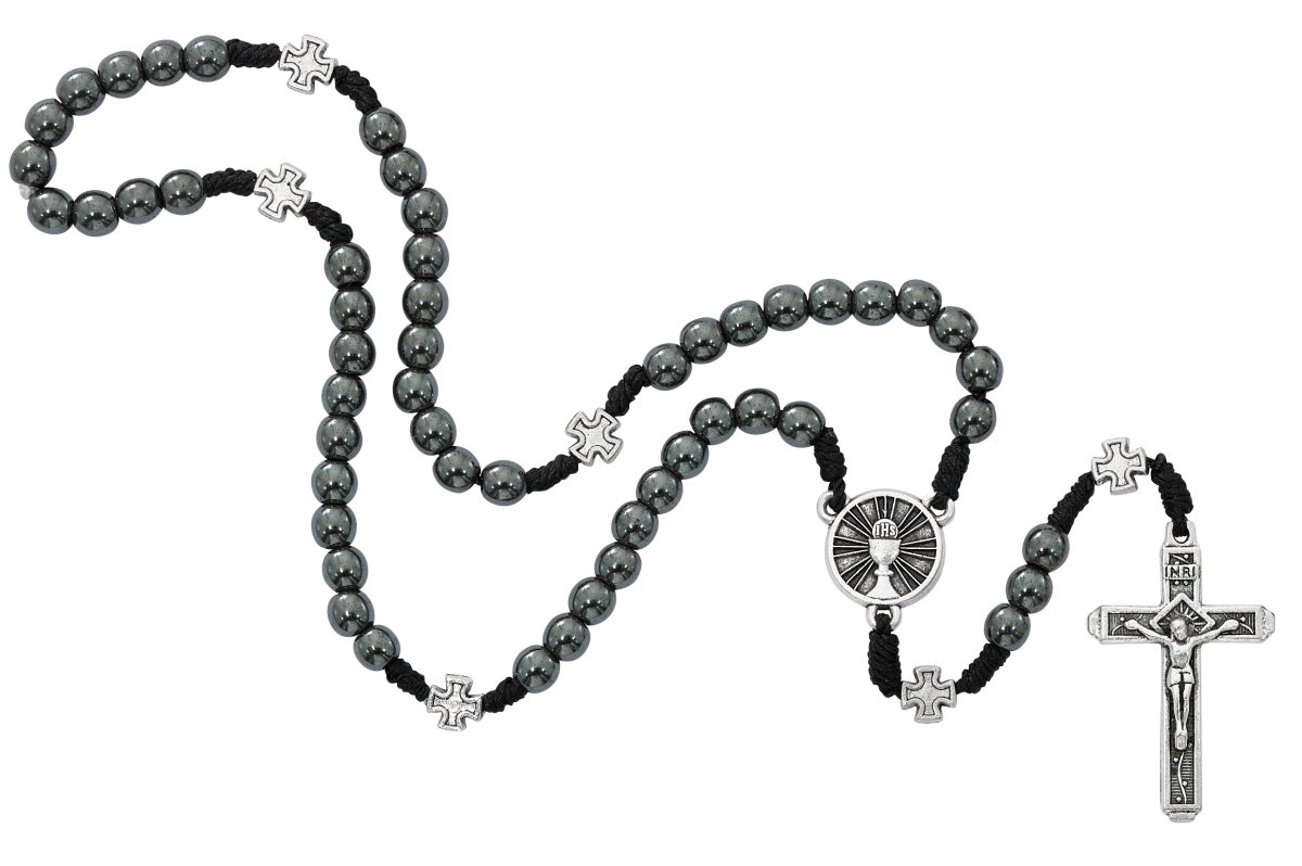 R765B 6 mm Hematite Communion Rosary Boxed