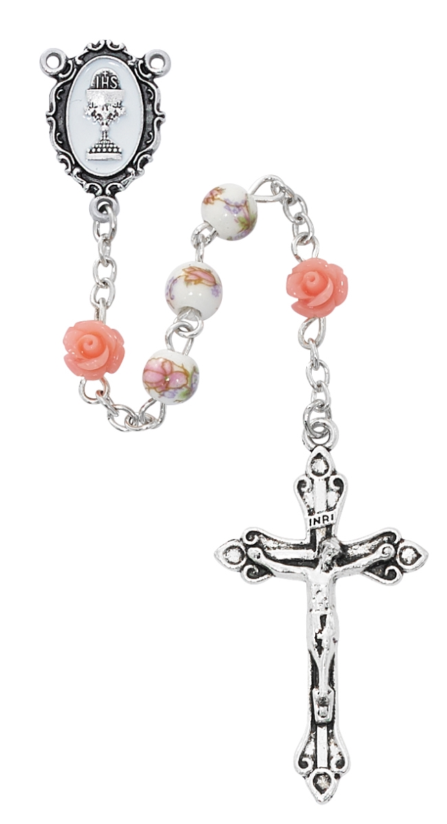 Pink Ceramic Communion Rosary Boxed