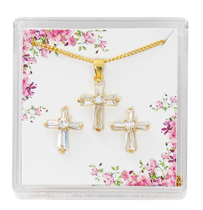 Picture of McVan PES21 Gold Plate Zirconia Crystal Cross Earring & Pendant Boxed