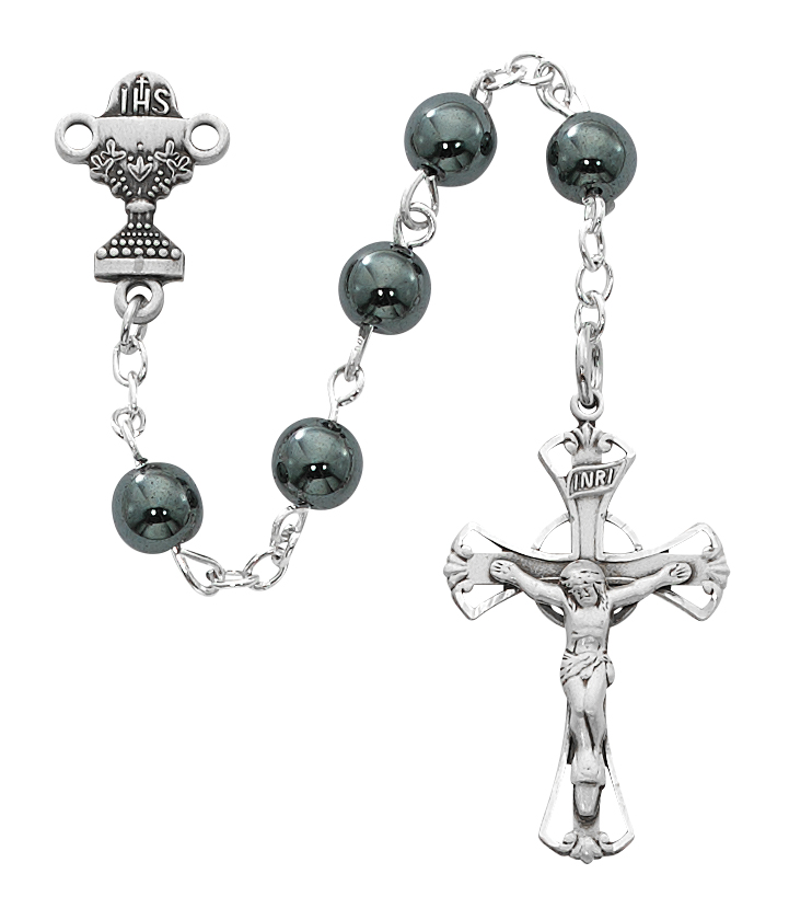 C13LB 6 mm Hematite Communion Rosary Boxed