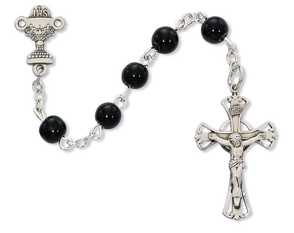 5 mm Black Glass Communion Rosary Boxed