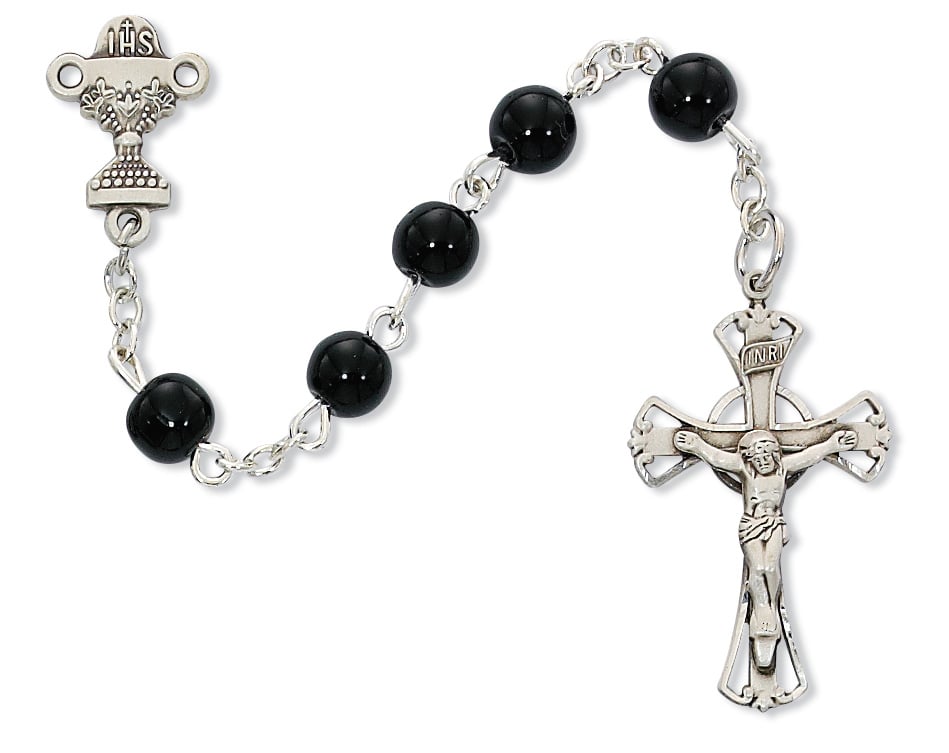5 mm Black Glass Communion Rosary Boxed