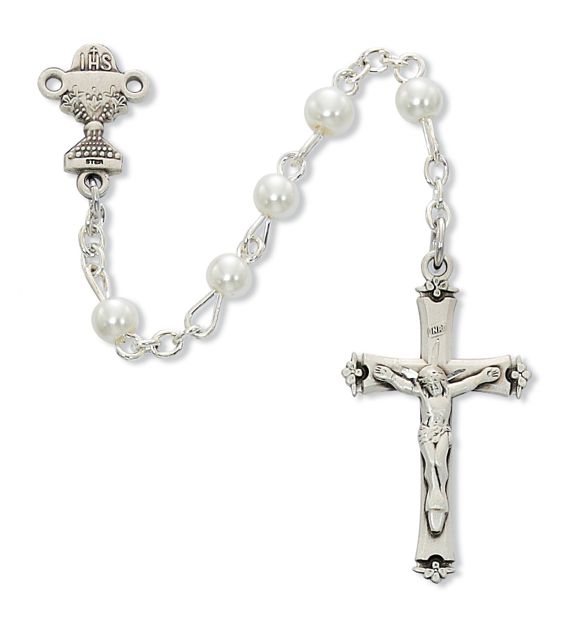 5 mm Imitation Pearl Communion Rosary Boxed