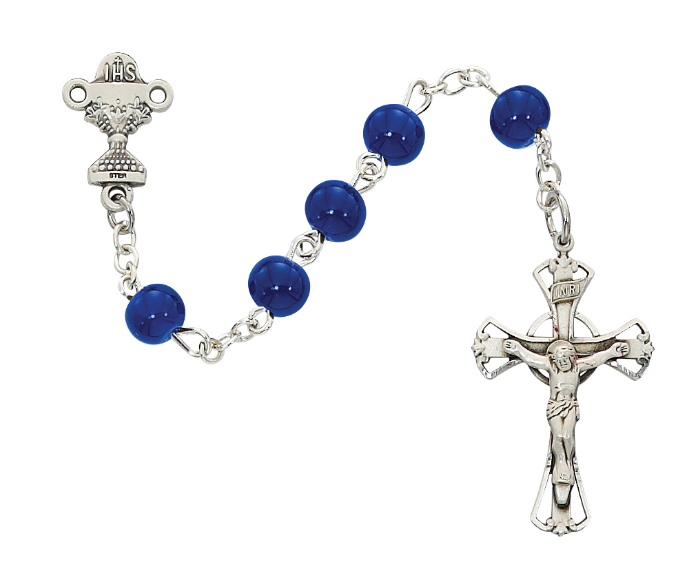 6 mm Blue Glass Communion Rosary Boxed